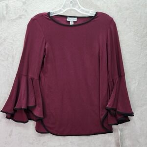 Sam And Jess Womens Petite Small Bell Sleeve Burgundy Black Contrast Trim Knit‎